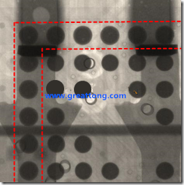 BGA錫球尺寸小于0.4mm，采用降低BGA內(nèi)圍襲球的錫膏量所得到X-Ray，稍微留意一下可以發(fā)現(xiàn)最外圈的錫量(圓的直徑)比其他內(nèi)圍的錫球上的錫量來得多一點(diǎn)點(diǎn)。也就是外圈的黑色圓形直徑比內(nèi)圈的圓形來得大一點(diǎn)點(diǎn)。