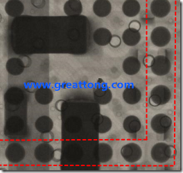 BGA錫球尺寸小于0.4mm，采用降低BGA內(nèi)圍襲球的錫膏量所得到X-Ray，稍微留意一下可以發(fā)現(xiàn)最外圈的錫量(圓的直徑)比其他內(nèi)圍的錫球上的錫量來得多一點(diǎn)點(diǎn)。也就是外圈的黑色圓形直徑比內(nèi)圈的圓形來得大一點(diǎn)點(diǎn)。