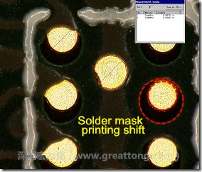 電路板BGA下面的防焊層印刷偏移，造成焊墊大小不一致。