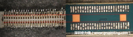 把板對(duì)板連接器與其電路板的佈線焊墊作一個(gè)比較，端子的切斷面有毛邊的地方剛好對(duì)到了裸銅區(qū)。