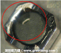 使用錫(Sn)鍍層的電源電感器(Power Inductors)，經(jīng)過推力測試后，其焊點(diǎn)還保留在零件的端點(diǎn)上，所以推力比較高。