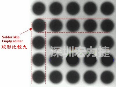 現(xiàn)在我畫幾條直線你再看看是否有發(fā)現(xiàn)那一顆BGA的錫球比較大，有空焊的可能？