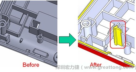 既然知道可能的問題出在電路板變形量過大，于是在電路板上黏貼應(yīng)力計(Stress Gauge)然后先量測未改善前的應(yīng)力數(shù)據(jù)。改善方法是在BGA的附近新增機(jī)溝肋柱(rib)來頂住電路板以降低電路板在落下時的變形量。