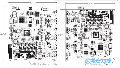 如圖7所示是使用不同數(shù)量邊條的拼板，拼板1僅使用了一個邊條，直接利用PCB另一邊作為SMT工藝傳送邊，并且PCB圖形中有合適的安裝孔；而拼板2則是按常規(guī)設計了兩個邊條。拼板方式為連接筋。圖中“Breakaway Tab”指邊條-深圳宏力捷