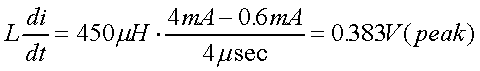 舉例來說，一個閘在"ON"而載有4mA的電流時，突然開關(guān)切到"OFF"且現(xiàn)在載有0.6mA的電流，假設(shè)開關(guān)時間為4msec，載有450mH的電感信號的導(dǎo)體，此時所產(chǎn)生的電壓突波為