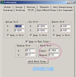  改銅皮的填充網(wǎng)格Global→Design Units，填充方向Drafting→Direction；Hatch Grid中Copper此數(shù)值為大銅箔中所填充的線條中心到中心的距離。