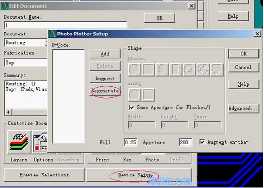 當(dāng)Gerber和鉆孔都設(shè)置完后，選擇一貼片元件較多的層（一般為Top層），點(diǎn)擊Device SetupPhoto，將 Plotter Setup窗口D-Code欄原有的D碼刪除并按Regenerate重新生成