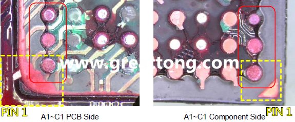 PIN-1的位置很重要，不知道Pin-1在哪里？那你怎么知道斷裂錫球在PCB的位置，如何判斷可能的應力(Stress) 影響。一般在PCB的絲印層(白漆)上面一定會標示零件的PIN-1位置，有的未打一個圓點，有的會畫三角形，但這張照片在PCB的PIN-1被紅墨水遮住了，如果可以的話建議那一塊沒有紅墨水的板子對照一下。