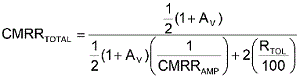 方程式1是從理想運(yùn)算放大器的CMRR等式中匯出，其中CMRRAMP被假定為非常大(無窮大)。