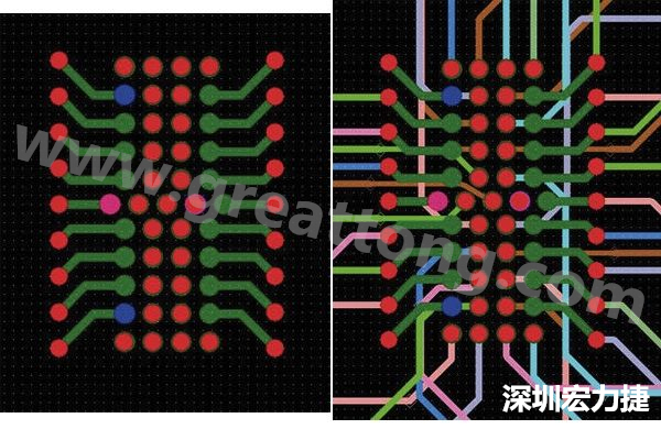 圖7：焊盤內(nèi)過孔用于內(nèi)部，而外部接腳在0.5mm閘格上扇出。圖7a顯示的是頂層(左)；圖7b顯示頂層和內(nèi)部布線層(右)。