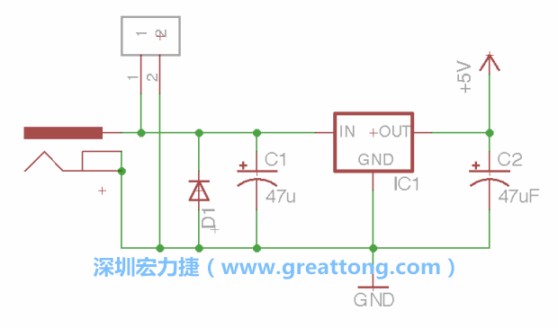 2.5.    新增一個二極體，它會以水平的狀態(tài)出現(xiàn)在屏幕上，請使用「旋轉（Rotate）」工具把它負極那一面朝上，并且用「網(wǎng)絡連接」工具將它連接在電壓調整器的輸入端和接地端之間。