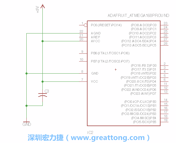 3.1.    新增微控制器晶片（RBBB → ATmega），把它放在電路原理圖的中央附近，把它的兩個接地接頭連接到接地訊號端。