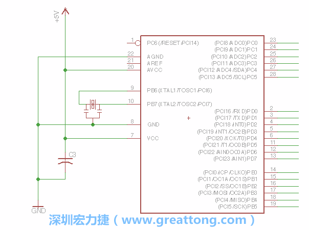 3.2.    在靠近ATmega的電源供應(yīng)針腳7的位置放置一個0.1μF的電容，將它分別連接電源、接地端和針腳7。