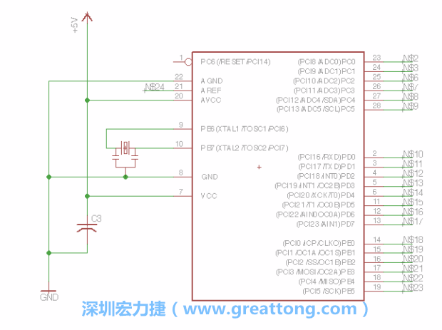 3.3.    將共鳴器（resonator）放置在針腳9和針腳10附近，將它的三個針腳連接如圖所示，并確認(rèn)最中間的針腳有連到接地端。