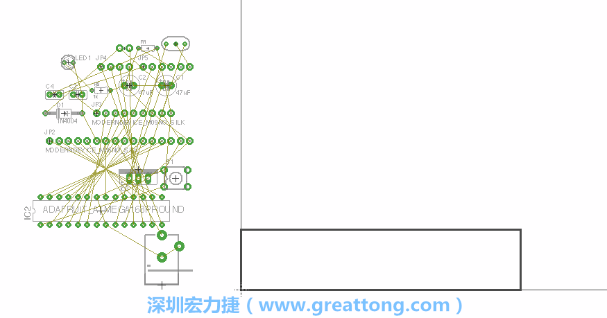 第一次執(zhí)行布線編輯器時，你會發(fā)現(xiàn)有兩個區(qū)塊，左邊的區(qū)塊非?；靵y，而右邊的區(qū)塊則是一個長方形的工作區(qū)域，EAGLE免費版會限制你的工作區(qū)域在4” x 3.2”的范圍內(nèi)，如果你試圖將元件擺放在工作區(qū)外的話，就會跳出警示訊息。