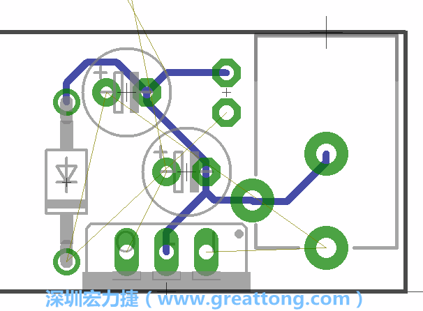 當(dāng)你在擺放元件時，要注意元件間的連結(jié)關(guān)系使用「旋轉(zhuǎn)（Rotate）」工具來讓連結(jié)點更接近、更容易布線。舉例來說，我們可以將這邊的二極體轉(zhuǎn)一個方向來縮短和47μF電容間的連結(jié)距離。