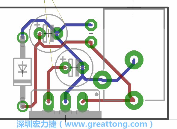 接地連結(jié)點的布線情形如下圖所示，利用這個練習(xí)來避免電路連線銳角化的產(chǎn)生是一個不錯的選擇，你可以在工具列中的彎曲線路（Wire Bend）選項里改變各種布線的變化。