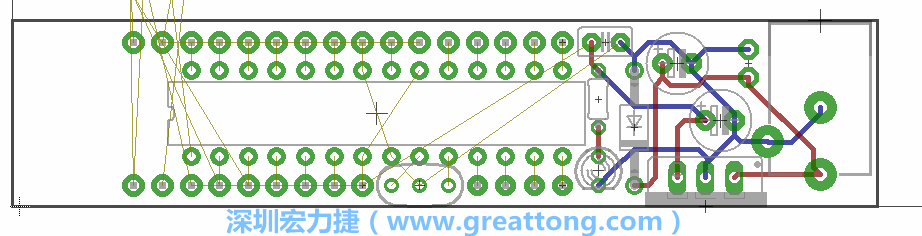 將ATmega微控制器、三個GPIO排針（JP2, JP3, JP4）和諧振器（resonator）排置如上圖所示。