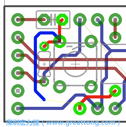 要在電路板正面進(jìn)行+5V信號線連結(jié)和其他連結(jié)點的布線工作是非常容易的，而重置信號線（信號線用來連結(jié)電路板正面左邊的重置開關(guān)）需要經(jīng)過一個可以通過電路板正反兩面的電路通道，這個通道是一個可以讓電路板正反兩面線路連接的一個小孔。