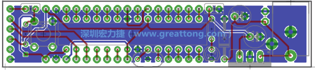 第二篇文章則帶領(lǐng)你進(jìn)行電路板上的布線、連結(jié)點(diǎn)的配置，并利用「設(shè)計(jì)規(guī)則檢查（Design Rule Check）」測(cè)試你的設(shè)計(jì)，第二篇文章的電路板設(shè)計(jì)圖將如下所示：