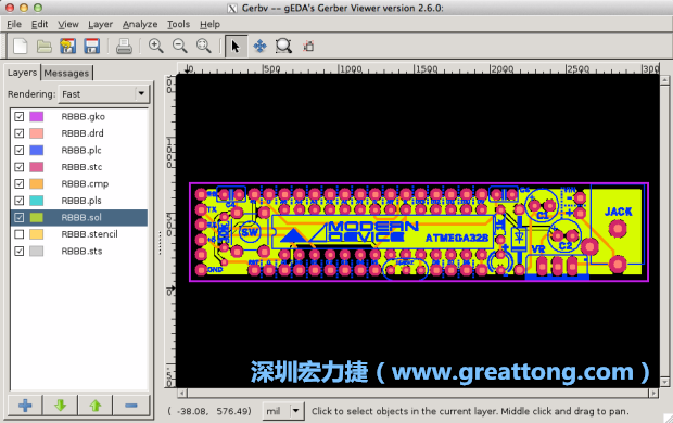 將圖層匯入你的Gerber預(yù)覽工具內(nèi)（下圖為Gerbv），我通常會(huì)從上到下重新排列它們的順序，好讓我比較好校對(duì)：