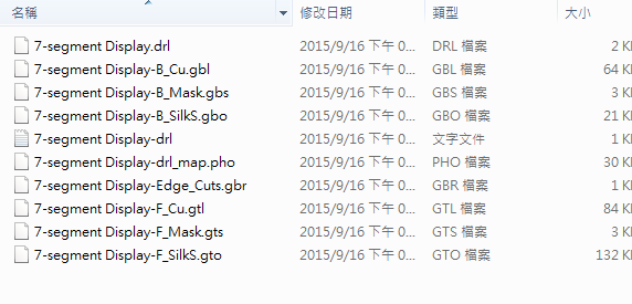 所謂Gerber檔，其實(shí)是包含一群檔案 (如下圖所示)，如包含正反面銅箔層 F.Cu B.Cu.，正反面文字面 F.Silkscreen ，B.Silkscreen，防焊層 SolderMask、板邊裁切Edge.Cuts 等。