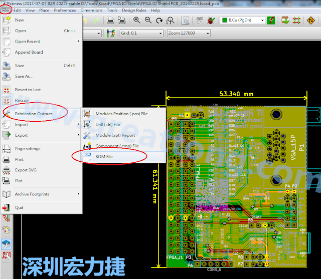 在Kicad的PCB Editor, 點(diǎn)選 File->Fabrication Outputs->BOM File, 即可產(chǎn)生一個(gè) .csv 的Excel 檔案。