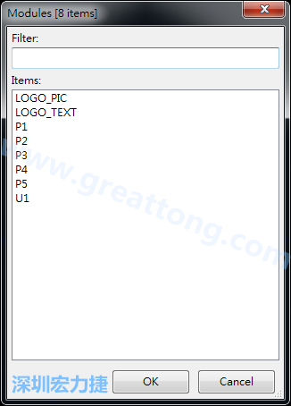 從目前正在編輯的PCB載入Module， 會(huì)顯示有那些項(xiàng)目可載入。點(diǎn)選一個(gè)， OK后即完成載入